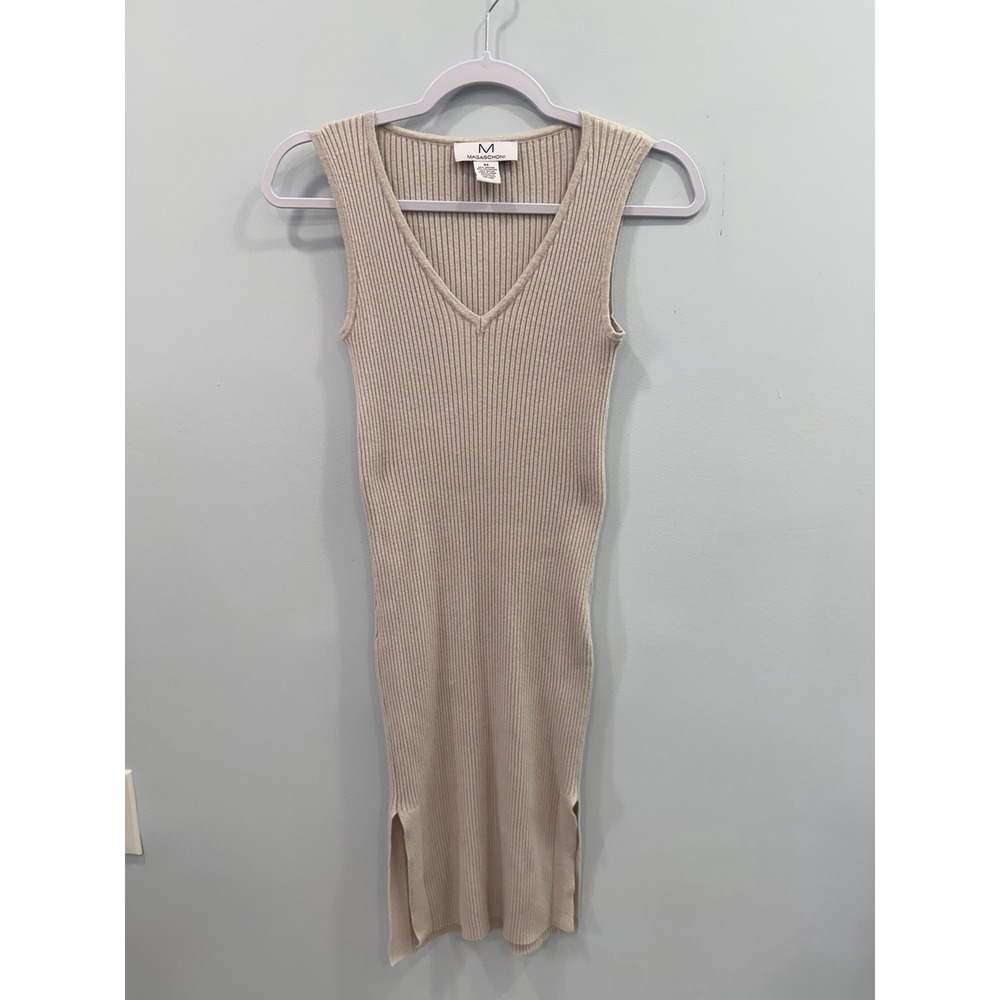 Magaschoni Beige Ribbed Knit V Neck Sweater Dress XS Sleeveless Side Slit